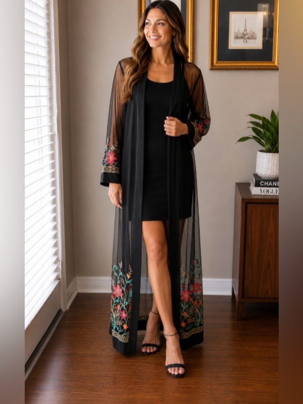 Liv Los Angeles Womens XL Sheer Open Front Komono Black Long Embroidered Floral